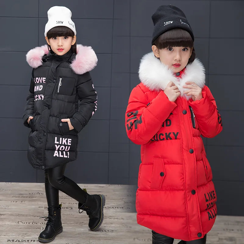 Girls Winter Faux Collar Long Coat