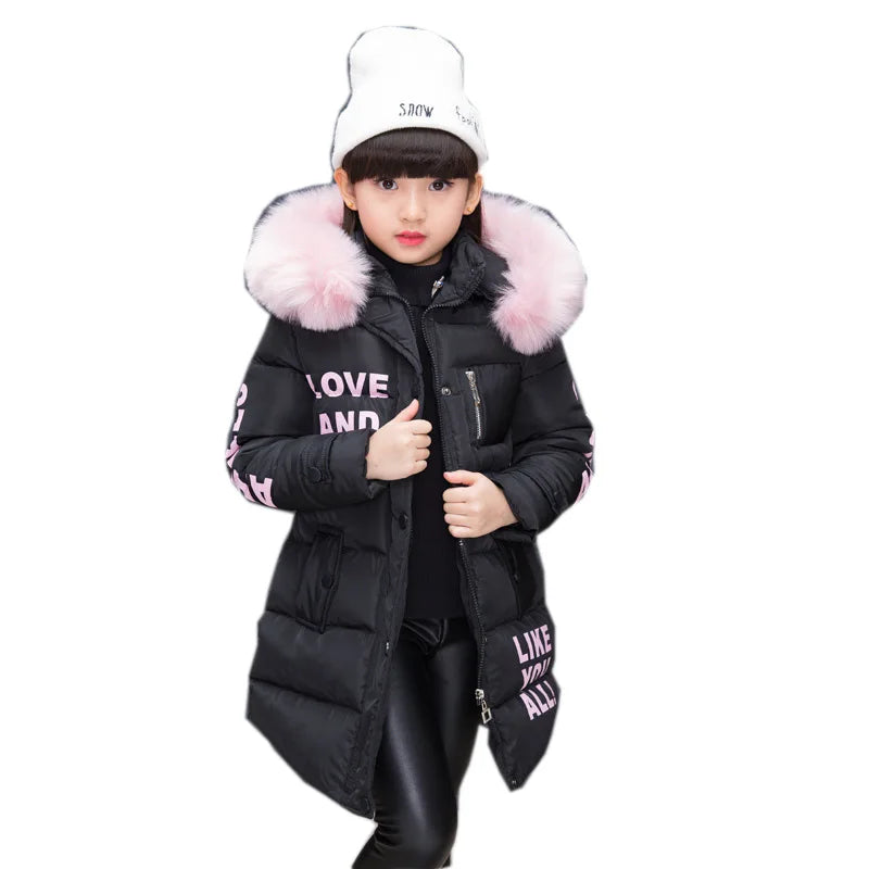 Girls Winter Faux Collar Long Coat