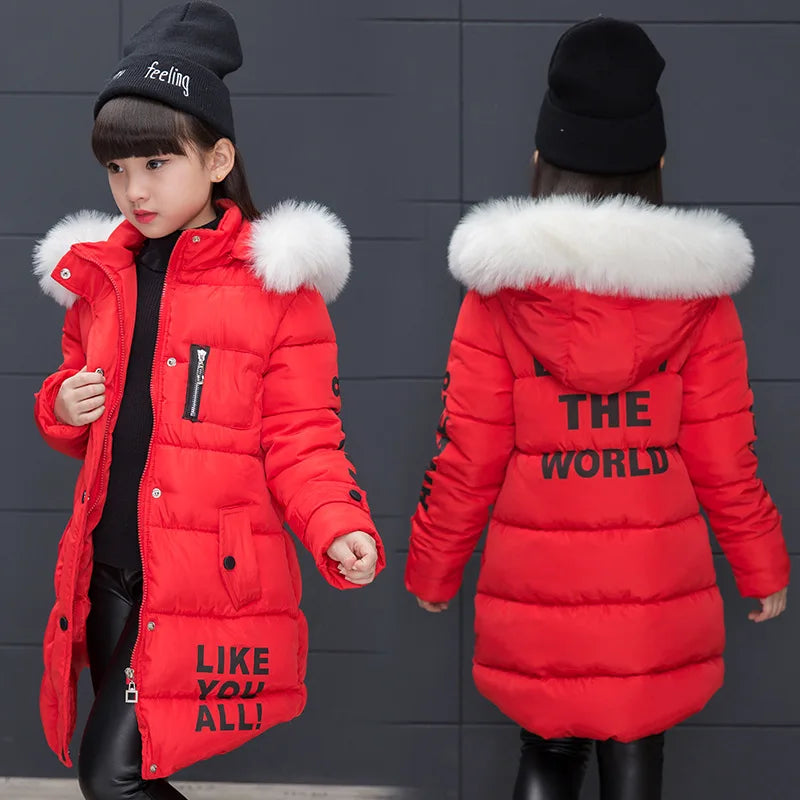 Girls Winter Faux Collar Long Coat