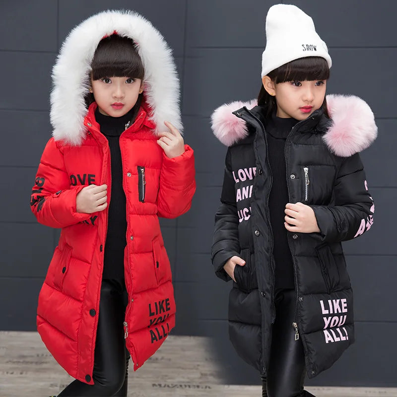 Girls Winter Faux Collar Long Coat